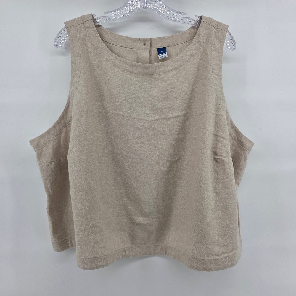 Old Navy Linen Blend Tank Top 3X Natural Beige Button Back Boho Eclectic Minimal